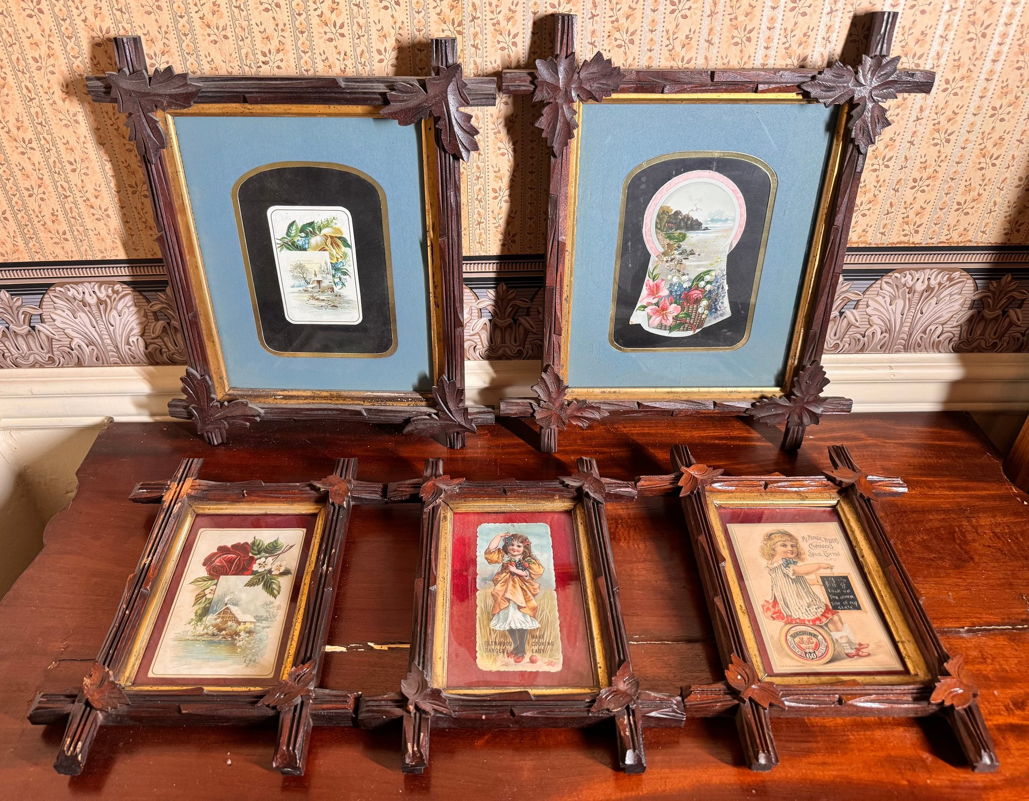 Antique Folk Art Carved Wood Frames With Vintage Prints Group Lot (5 ... with regard to Arranging Small Prints Inside Elaborate Hand Carved Picture Frames