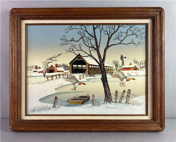 H. Hargrove | H Hargrove Signed Winter Ducks On Frozen Pond Serigraph ... in "Sunny Hill Winery" Canvas Painting By H. Hargrove, 40"X30"