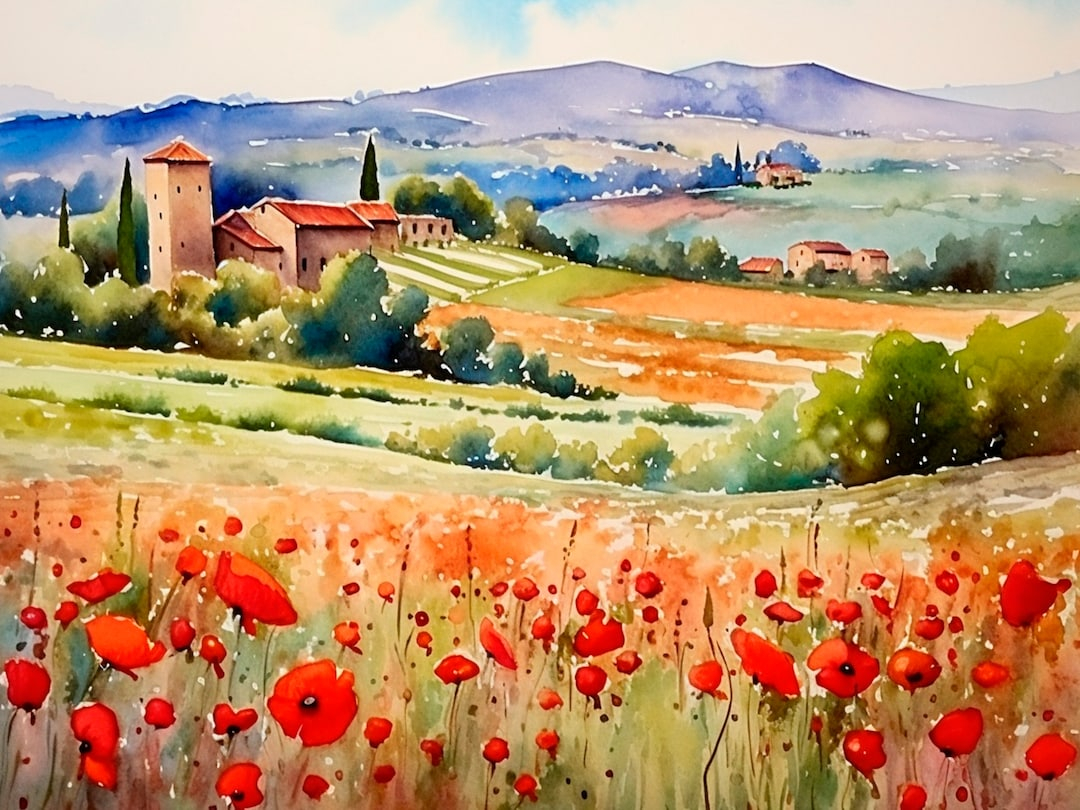 Italian Countryside Watercolor Art Print Tuscany Fields Painting ... intended for Tracing the Evolution of Italian Born Artist H Hargrove and His American Countryside Scenes