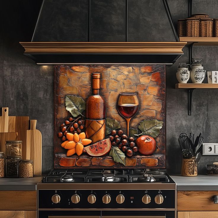 Kitchen Art Backsplash, Wine-Themed Tempered Glass Splashback For Stove ... with regard to Why Wine Themed Wall Decor Creates Such an Inviting Atmosphere in Modern Kitchens