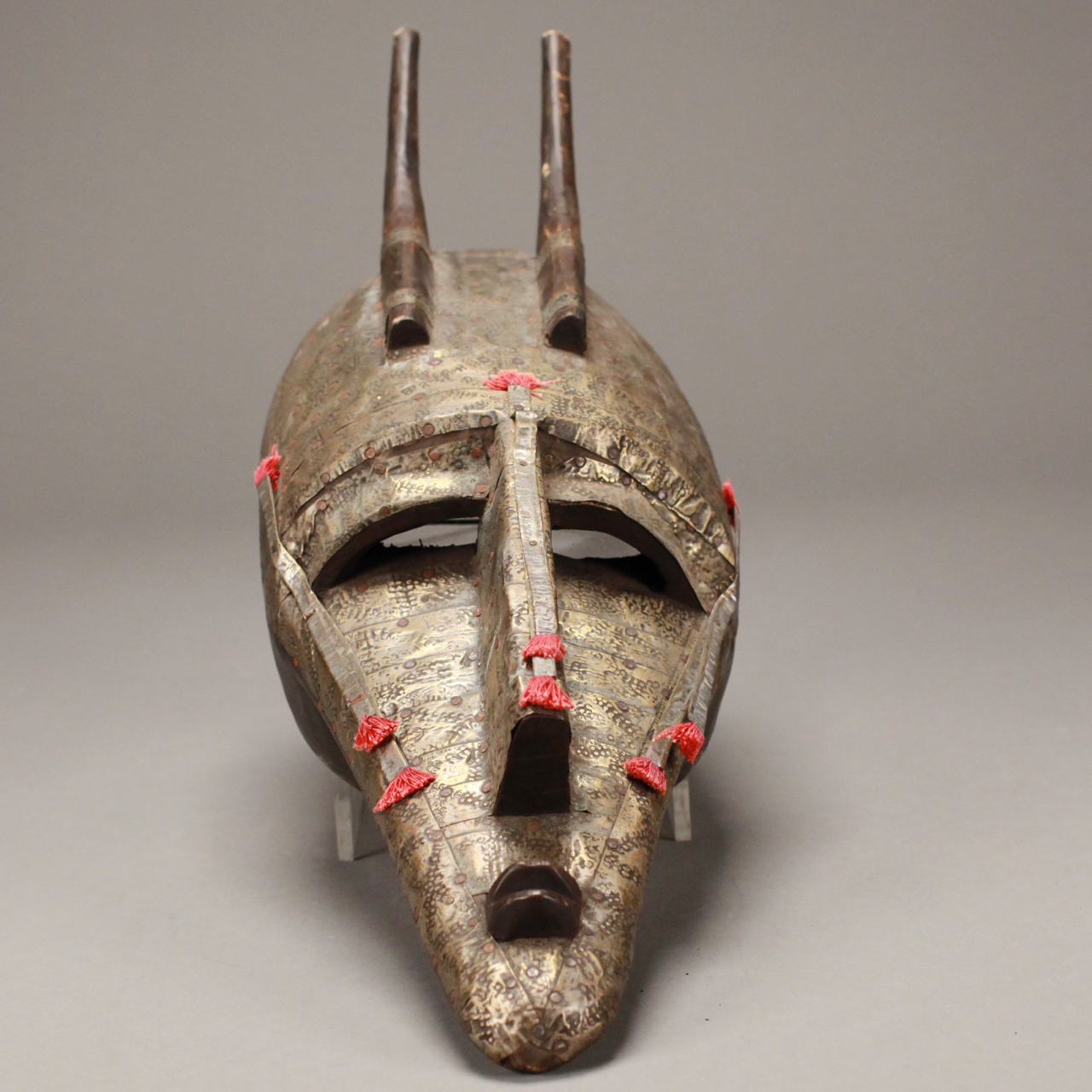 Lot 124 Carved Wood African Bamana Marka Metal Plated Mask Elongated ... throughout Decoding the Cultural Significance Carved into the Consigned Marka Bamana Tribal Mask 5