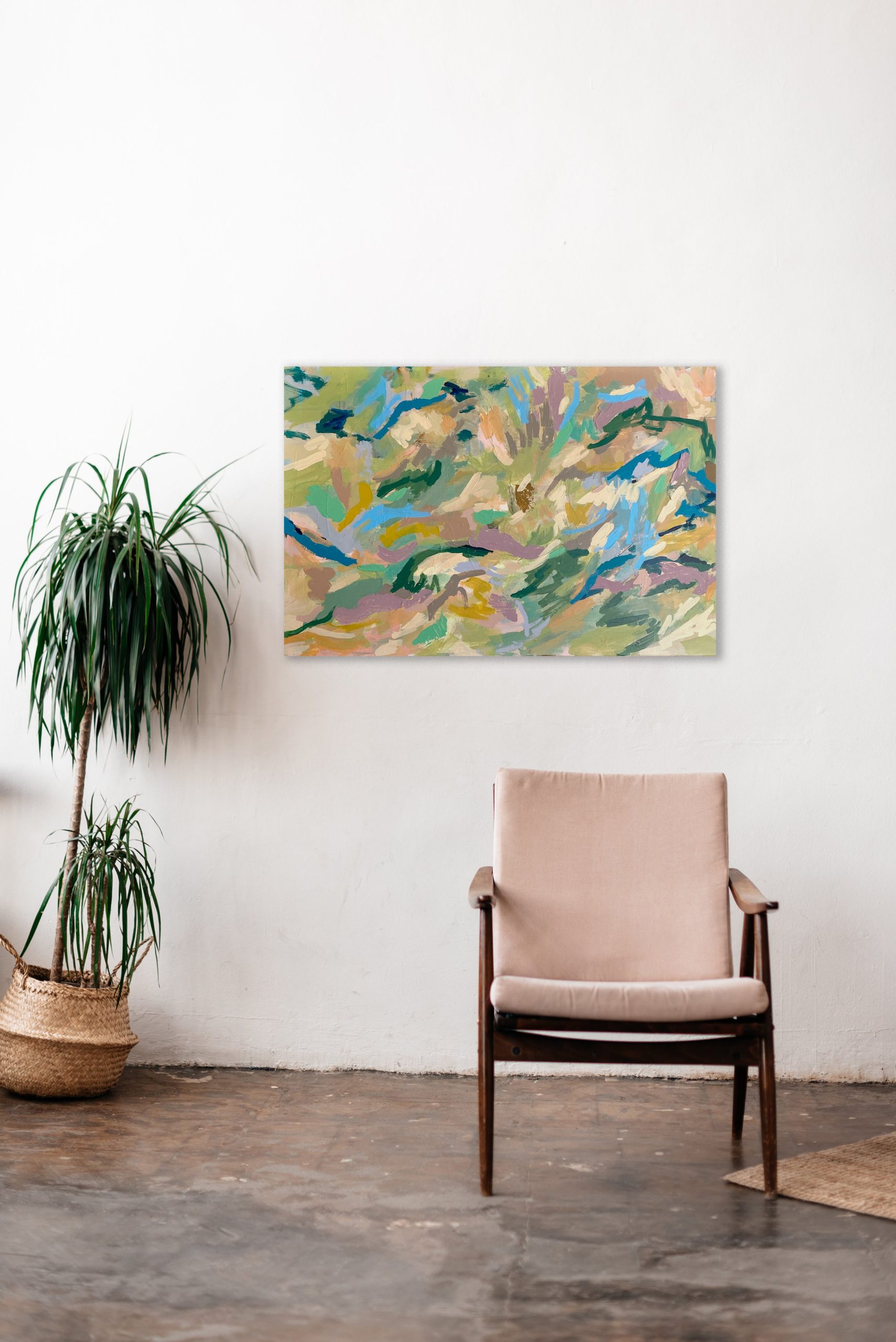 Original Mid-Size Painting With Warm Brushstrokes — Jessalin Beutler in "Blue Falls" Hand Painted Canvas Art, 60"X20"
