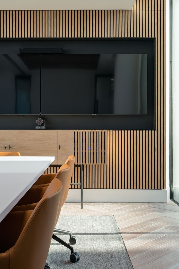 Plasma Tv Inset In Wood Slatted Wall | Office Meeting Room Interior ... for Designing Around Statement Wall Mounts Without Overwhelming Your Room