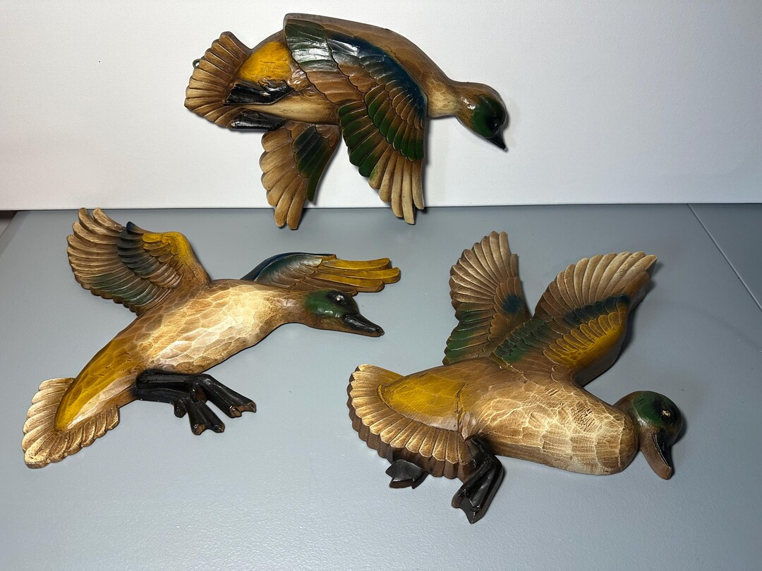 Set Of 3 Syroco Wood Flying Mallard Ducks 1960S Mid Modern Century ... pertaining to Bringing Nature Indoors with the Phillips Collection Flying Ducks Set
