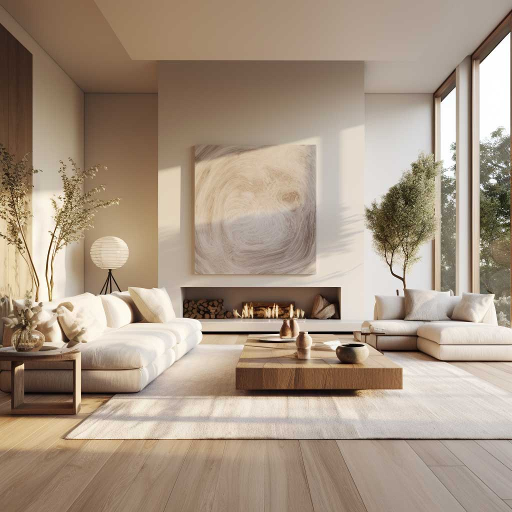 Warm Minimalist Living Room Design — Neutral Tones, Natural Materials ... throughout Breathing Life Into Minimalist Spaces With Large Scale Verdant Artwork