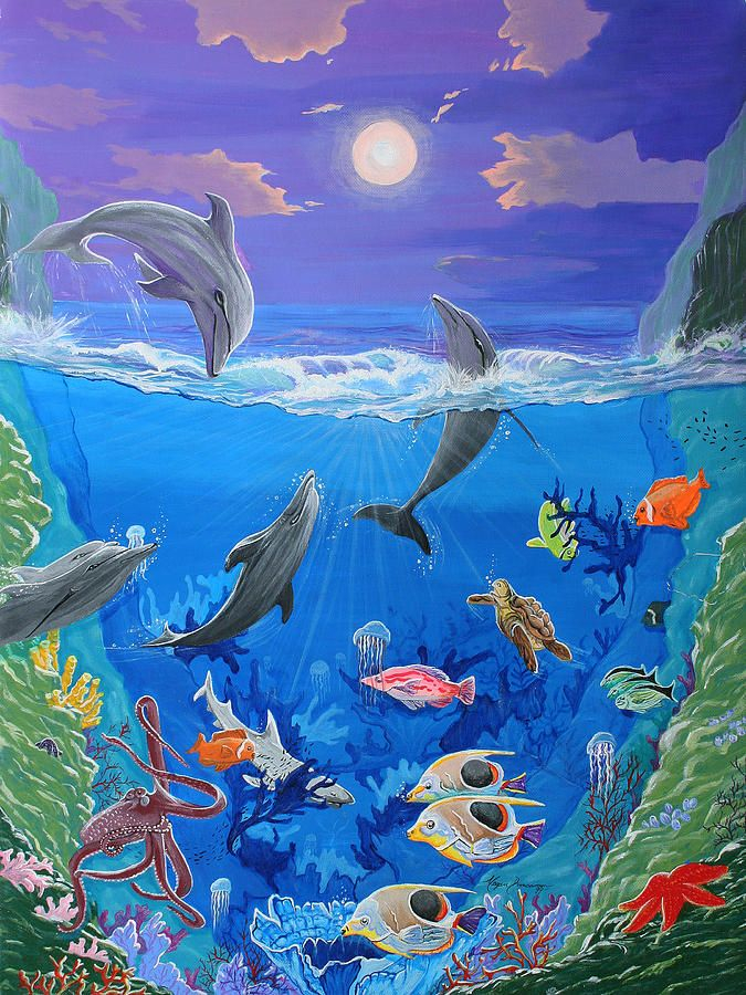 Whimsical Original Painting Undersea World Tropical Sea Life Art By ... with Sea Star Pink Blue Starfish Wall Decor 9 Inch Resin Plaque