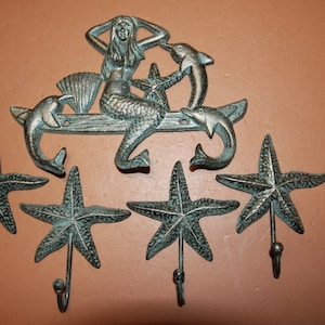 5 Beach House Decor Gift Antiqued Look Mermaid Starfish Wall Hooks Cast ... inside Transforming Your Home with Brown Mermaid Wall Art Inspiration