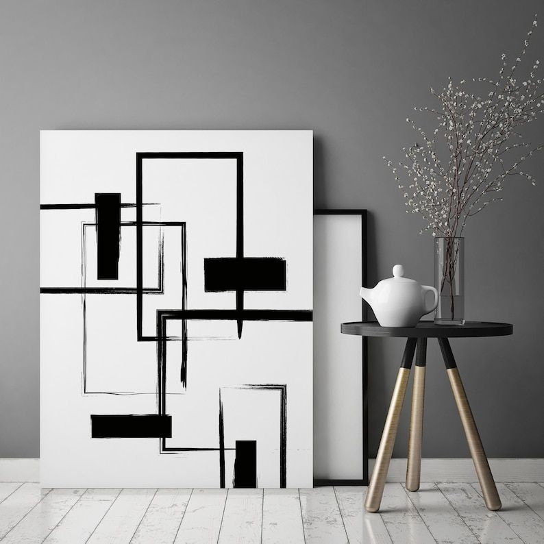 Abstract Minimalist Canvas Wall Art In Black & White, Ready To Hang ... for Almanac Wall Decor I, Black, White Enamel