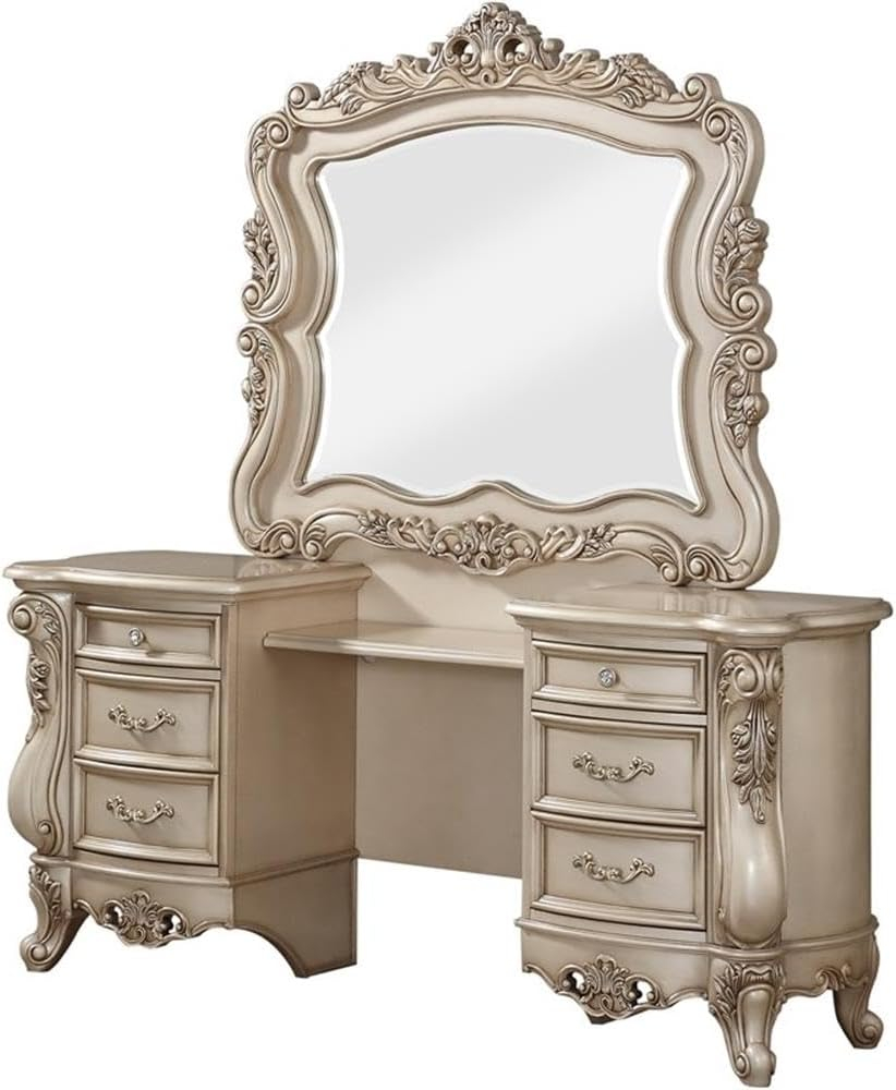 Amazon.com: Acme Gorsedd 6-Drawer Wooden Vanity Desk And Mirror In ... intended for Acmegorsedd Wooden Arched Mirror In Gold Ivory