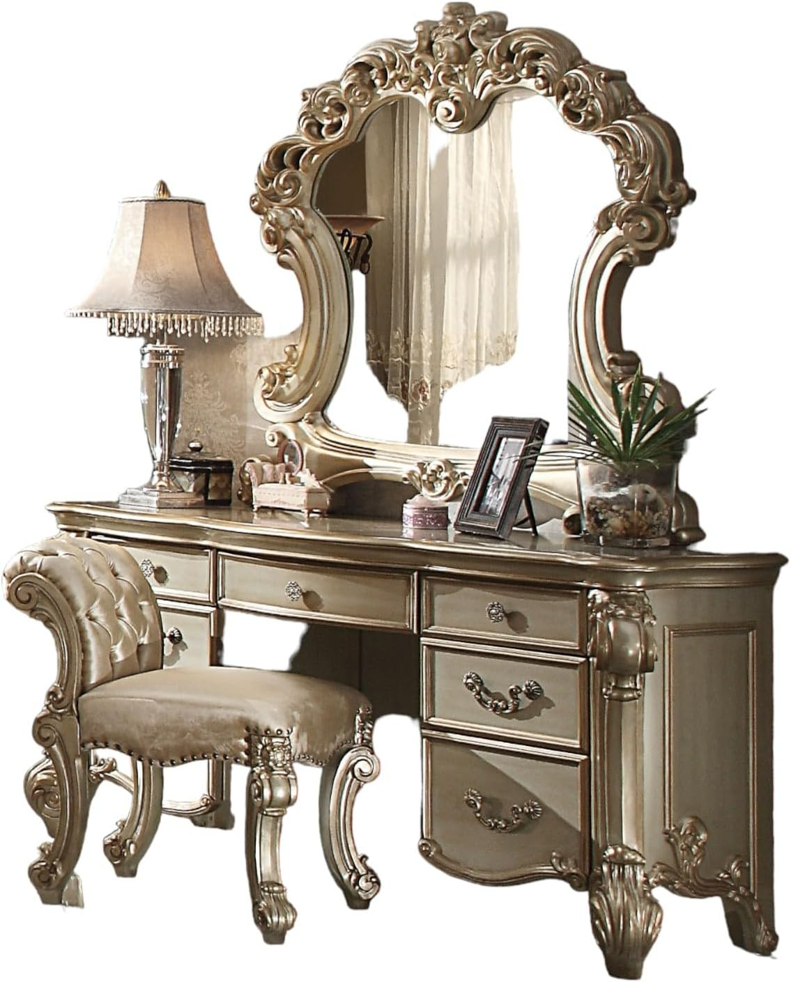 Amazon.com: Acme Gorsedd 6-Drawer Wooden Vanity Desk And Mirror In ... intended for Acmegorsedd Wooden Arched Mirror In Gold Ivory