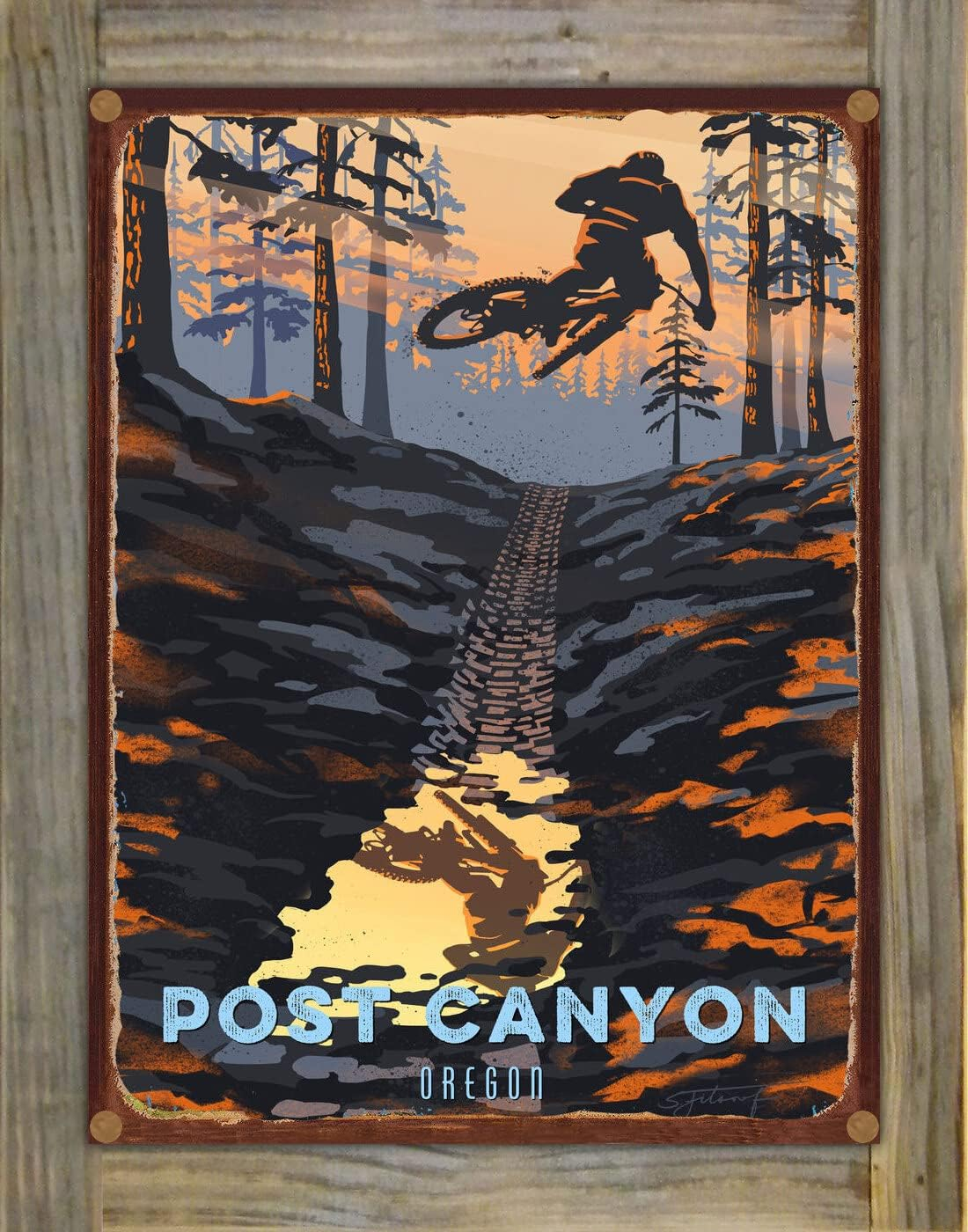 Amazon.com: Post Canyon Oregon Puddle Jump Mountain Biker Rustic Metal ... within Backcountry Wood-Mounted Metal Print By Illustrator Sassan Filsoof, 10.5"X13.5"