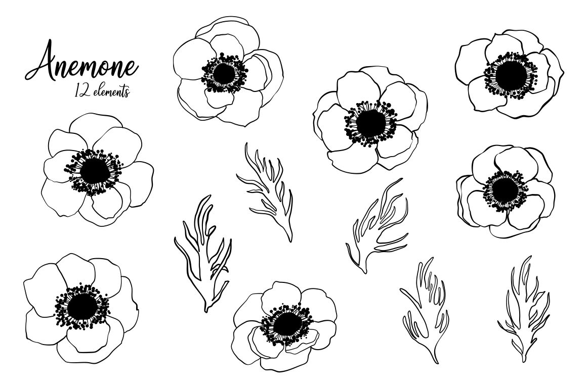 Anemone Line Art Vector Flowers, Sketch Anemones Florals By ... intended for Beautiful Blue Anemone Sketch, Floral Disc Metal Artwork, 11"