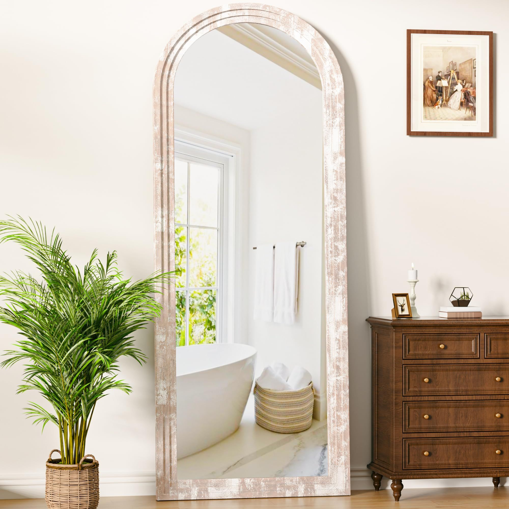Antok Full Length Mirror, 71"×32" Wood Arched Floor Mirror Wooden ... for Acmegorsedd Wooden Arched Mirror In Gold Ivory