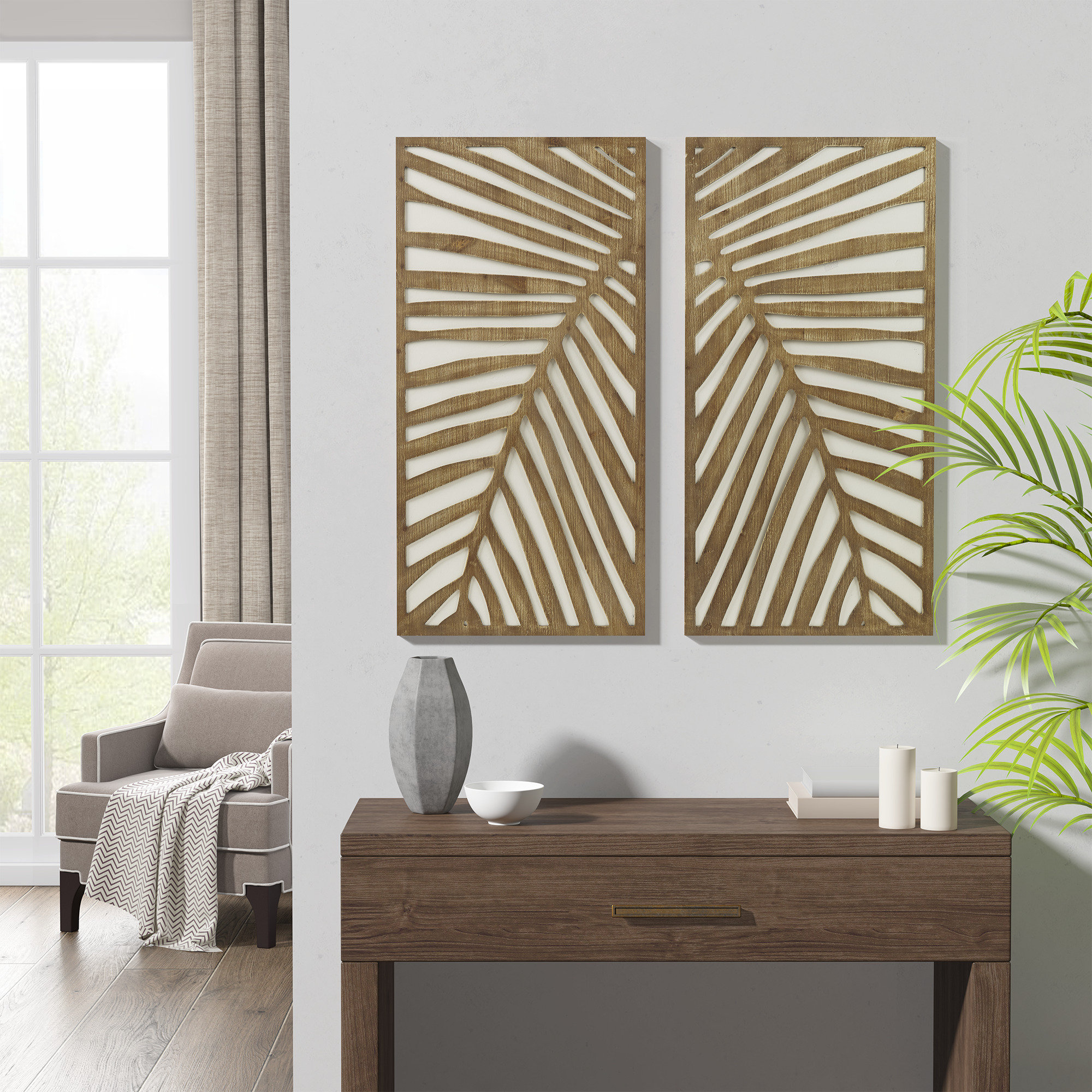 Bayou Breeze Birch Palms Two-Tone Wood Panel Wall Décor & Reviews | Wayfair pertaining to Exploring the Textures and Tones of Twilight Palms Artistry