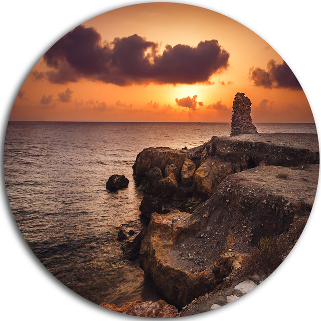 Beach Sunset With Ancient Ruins, Beach Round Metal Wall Art, Disc Of 11 ... regarding Ancient Ruins On Beach Sunset, Beach Disc Metal Wall Art, 11"