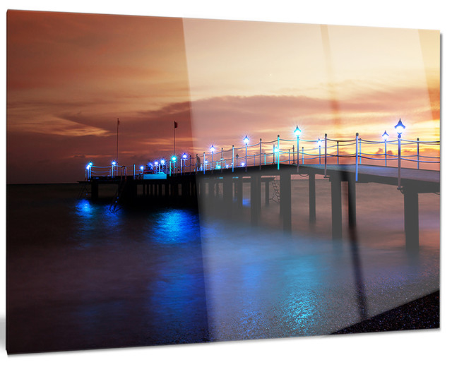 "Blue Waters And Bridge At Sunset" Metal Wall Art, 28"X12" - Beach ... throughout The Emotional Resonance of Clear Blue Sky and Ocean Sunset Art