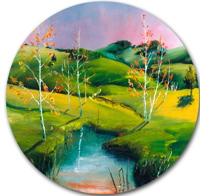 Endless Green Pastures, Landscape Painting Disc Metal Artwork, Disc Of ... within Beautiful Green Pasture On Sunrise, Landscape Disc Metal Wall Art, 11"