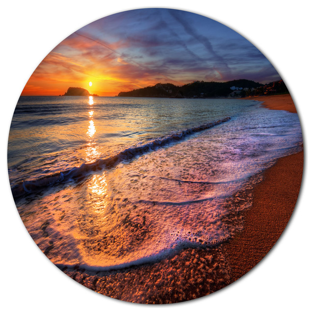 Foaming Waves At Beautiful Sunset, Seashore Art Round Wall Art, Disc Of ... for Beautiful Azores Rocky Coast, Seashore Round Wall Art, 11"