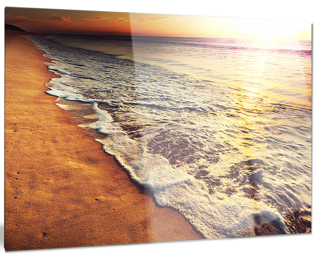 "Foaming Waves At Sea Sunset" Modern Glossy Metal Wall Art, 28"X12 ... intended for The Emotional Resonance of Clear Blue Sky and Ocean Sunset Art