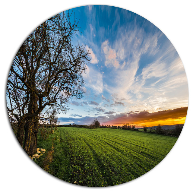 Green Pasture Under Blue Sky, Landscape Art Disc Metal Wall Art, Disc ... regarding The Art of Light and Shadow Crafting Sunrise Scenes on Metal