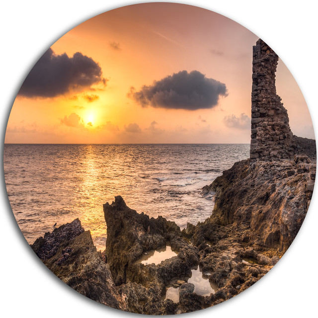 Historic Ruins At Sunset Africa, Seashore Disc Metal Artwork, Disc Of ... with Ancient Ruins On Beach Sunset, Beach Disc Metal Wall Art, 11"