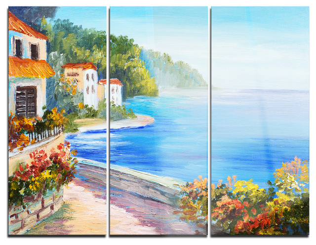 "House Near Blue Sea" Metal Wall Art, 3 Panels, 36"X28", 36"X28" 3 ... with regard to Beyond the Canvas A Collector's Guide to Moraine Lake Metal Wall Art