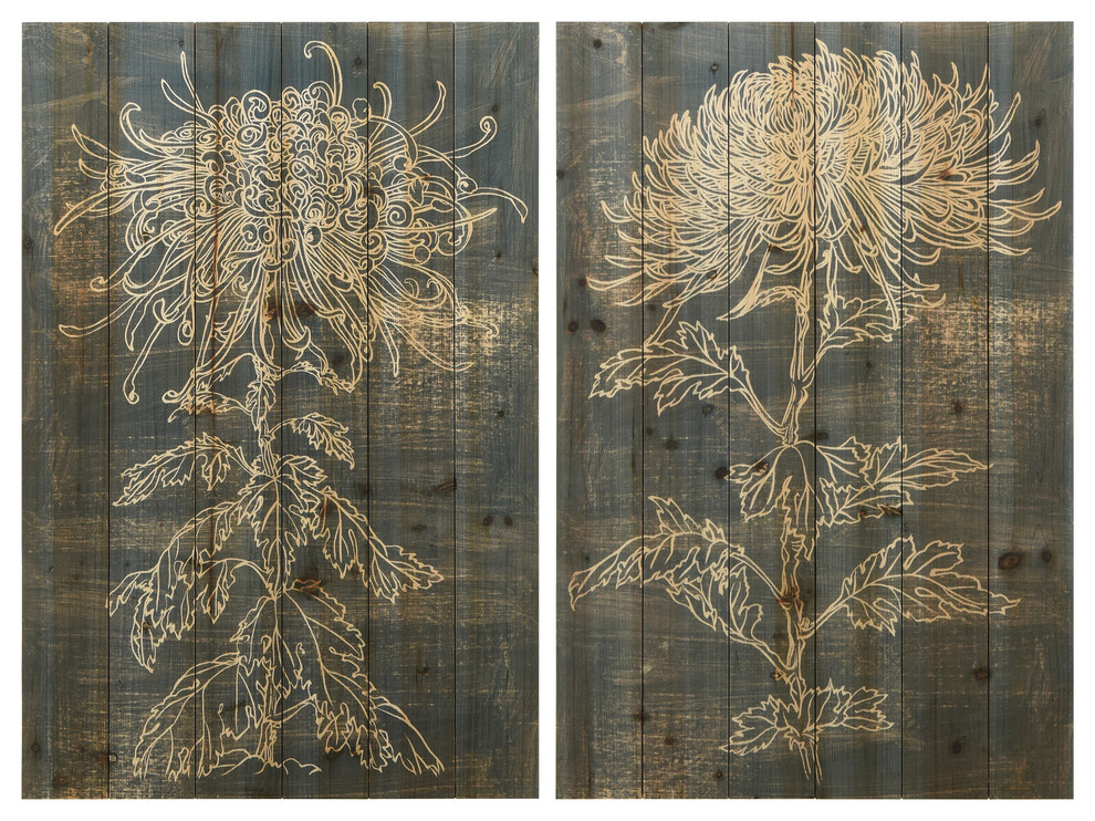 "Indigo Dance" Wood Wall Art Giclee Printed On Solid Fir Wood Planks ... in "Twilight Palms" Wood Wall Art Digital Print On Solid Fir Wood Planks, Set Of 2