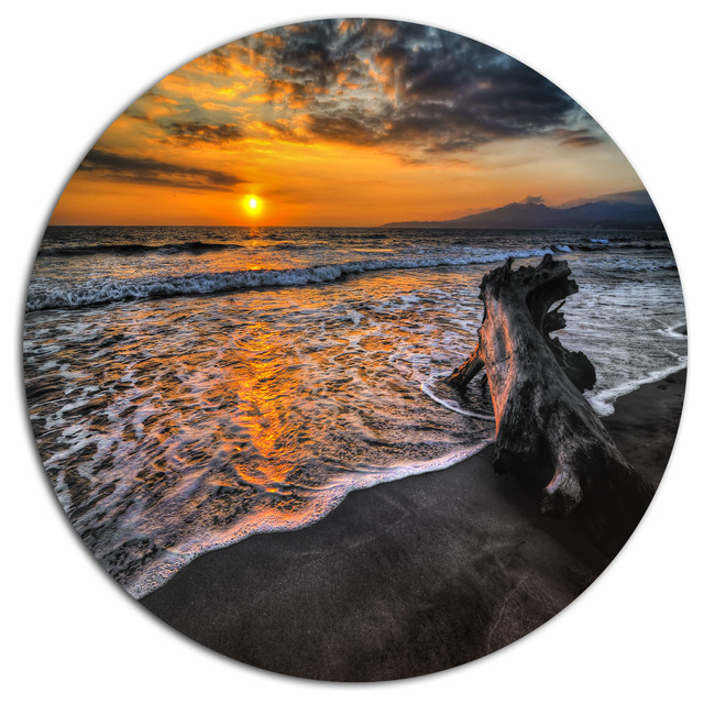 Log On Beach During Sunset, Seashore Art Disc Metal Wall Art, Disc Of ... pertaining to Unveiling the Beauty of Ancient Ruins at Beach Sunset Locations