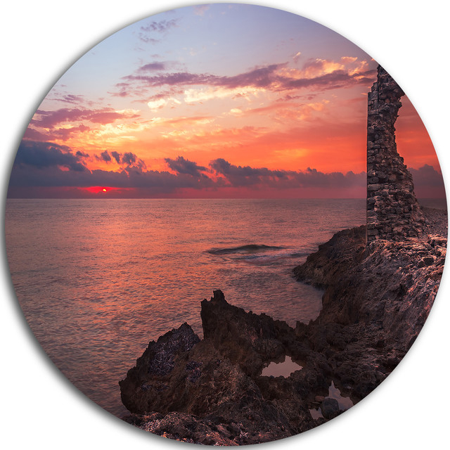 Red Rocky Beach With Ancient Ruins, Beach Round Wall Art, Disc Of 23 ... in Unveiling the Beauty of Ancient Ruins at Beach Sunset Locations