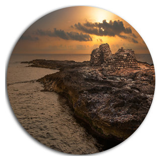 Rocky Coast With Ancient Ruins, Beach Disc Metal Artwork, Disc Of 11 ... with regard to Ancient Ruins On Beach Sunset, Beach Disc Metal Wall Art, 11"