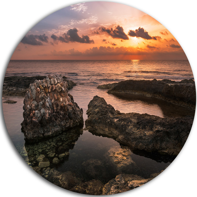 Rough Coast With Ancient Ruins, Beach Disc Metal Artwork, Disc Of 11 ... pertaining to Ancient Ruins On Beach Sunset, Beach Disc Metal Wall Art, 11"