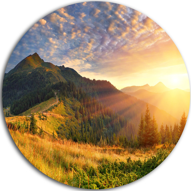 Summer Sunrise Under Thick Clouds, Landscape Disc Metal Wall Art, Disc ... with Beautiful Green Pasture On Sunrise, Landscape Disc Metal Wall Art, 11"