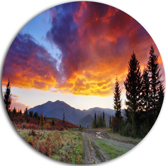 Sunrise Over Mountain Panorama, Landscape Photo Disc Metal Artwork ... in Beautiful Green Pasture On Sunrise, Landscape Disc Metal Wall Art, 11"