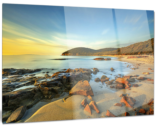 "Sunset In Cala Violina Bay" Glossy Metal Wall Art, 28"X12" - Beach ... regarding "Sunset Beach Panorama" Modern Glossy Metal Wall Art, 28"X12"