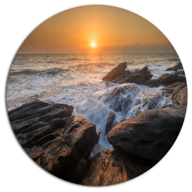 Sunset Over Rocky Seashore, Beach Round Wall Art, Disc Of 11 Inch ... regarding The Art of the Azores A Journey Through Rocky Coastlines and Seaside Charm