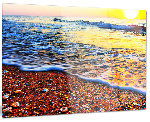 "Sunset Reflecting In Blue Waves" Glossy Metal Wall Art, 28"X12 ... pertaining to "Sunset Beach Panorama" Modern Glossy Metal Wall Art, 28"X12"