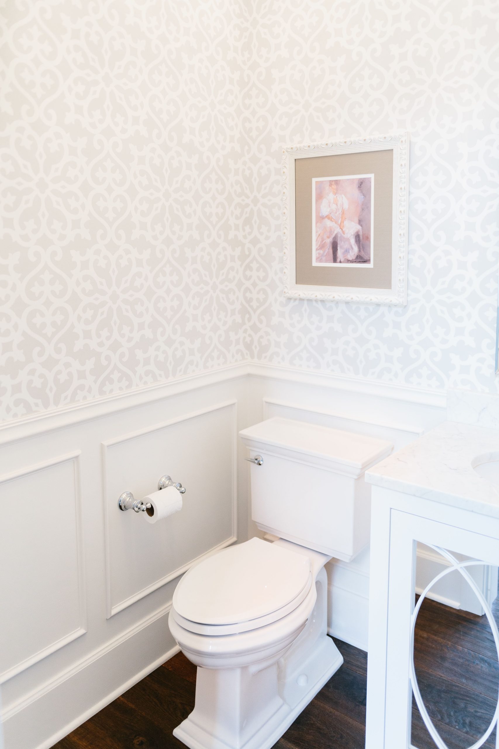 Powder Room Bathroom With Beautiful Wallpaper And Wainscoting, Designed ... pertaining to Wallpaper Wonders Unveiled Secrets to Stunning Powder Rooms
