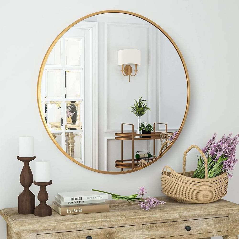 Xramfy 24 In. W X 24 In. H Round Aluminum Alloy Framed Gold Wall Mirror ... throughout A Deep Dive Into the Craftsmanship Behind Quality Gold Metal Framed Mirrors