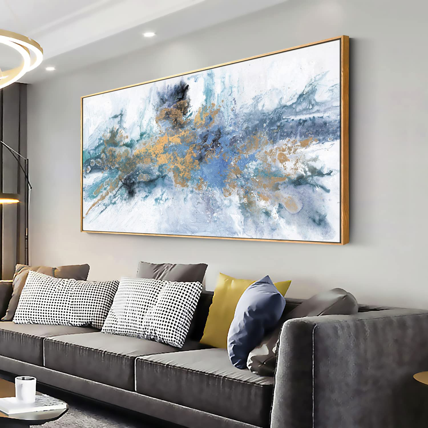 Abstract Wall Art For Living Room Large Size Framed Navy Blue Canvas ... inside
