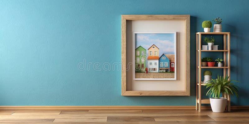 Artful Living Poster In Wooden Frame On Serene Blue Wall Ai Generative ... in