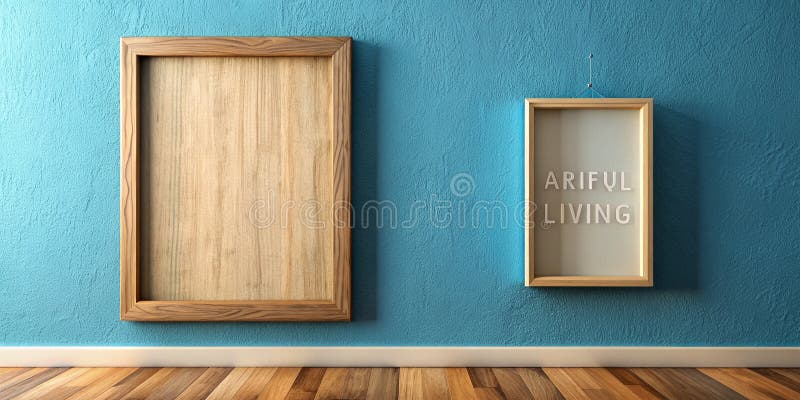 Artful Living Poster In Wooden Frame On Serene Blue Wall Ai Generative ... within