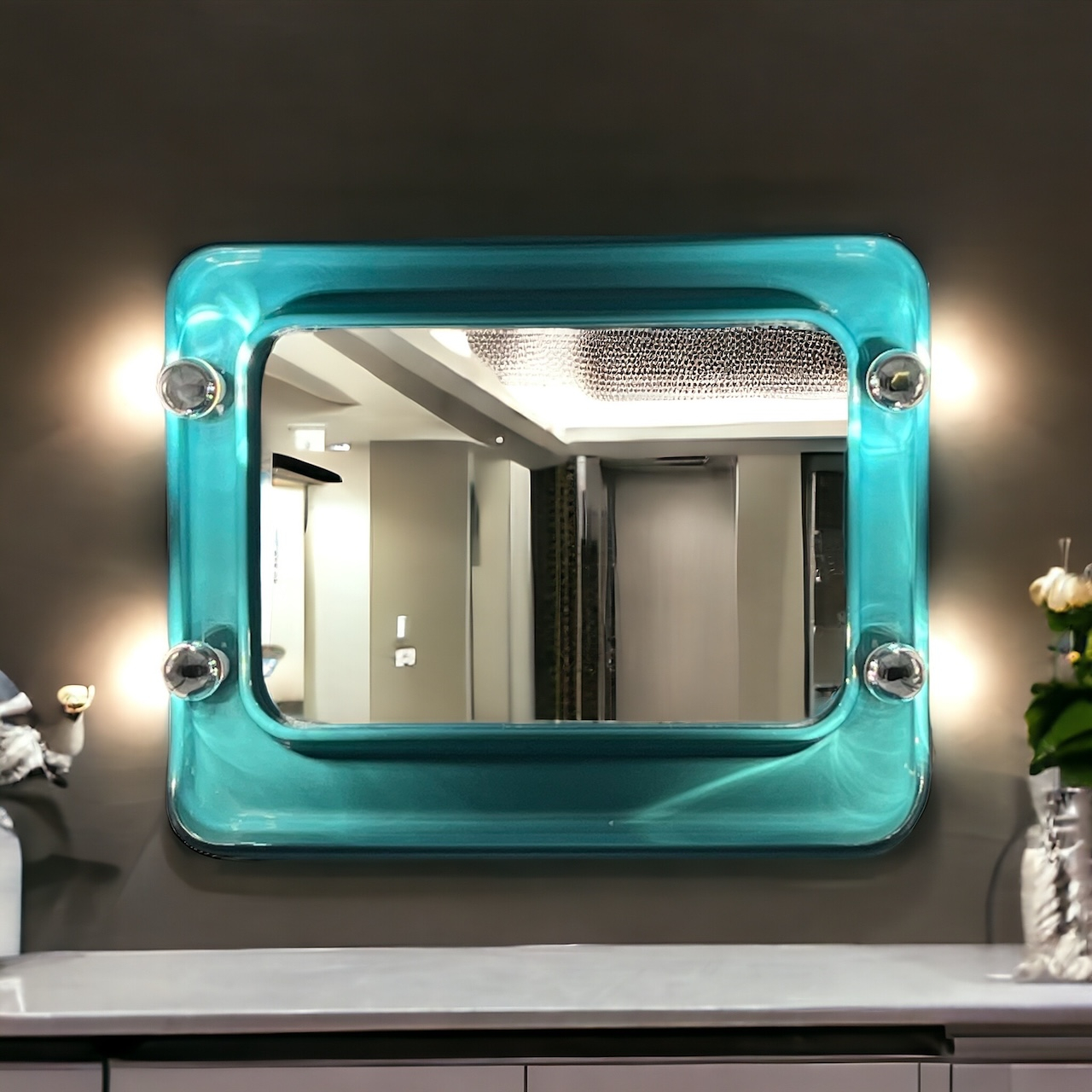 Natavintage - Space Age Turquoise Wall Mirror With Lights, 70S pertaining to A Deep Dive into the Allure of Turquoise Bloom Large Rustic Mirrors