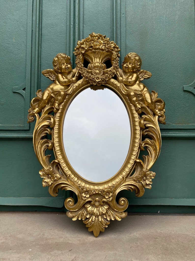 Oval Mirror In Golden Frame With Angels And Floral Motifs Art - Etsy within