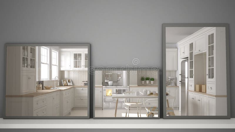 Three Modern Mirrors On Shelf Or Desk Reflecting Interior Design Scene ... inside Integrating Form and Function A Guide to Modern Mirror Shelves