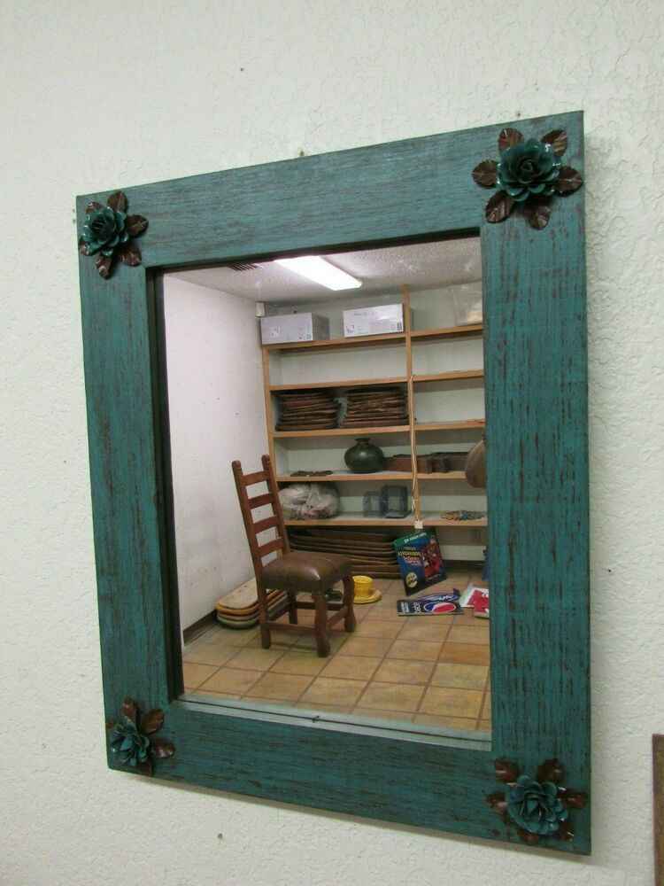 Turquoise Bloom Mirror-Wood-Mexican-24X34-Rustic-Flowers-Primitive ... intended for