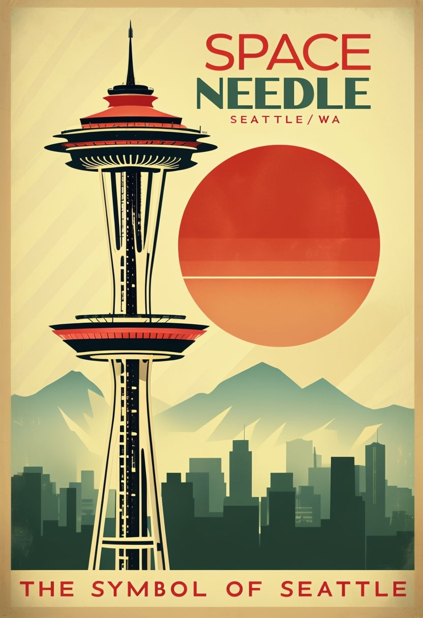 Vibrant Seattle Space Needle Cityscape Digital Illustration Poster ... within