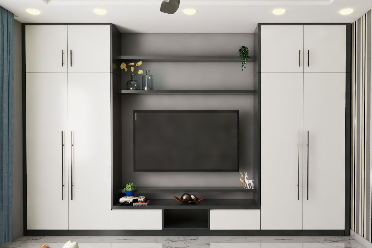 Spacious Wardrobe Design With Integrated Tv Unit | Livspace inside Mastering Space Efficiently The Power of Integrated Storage Walls