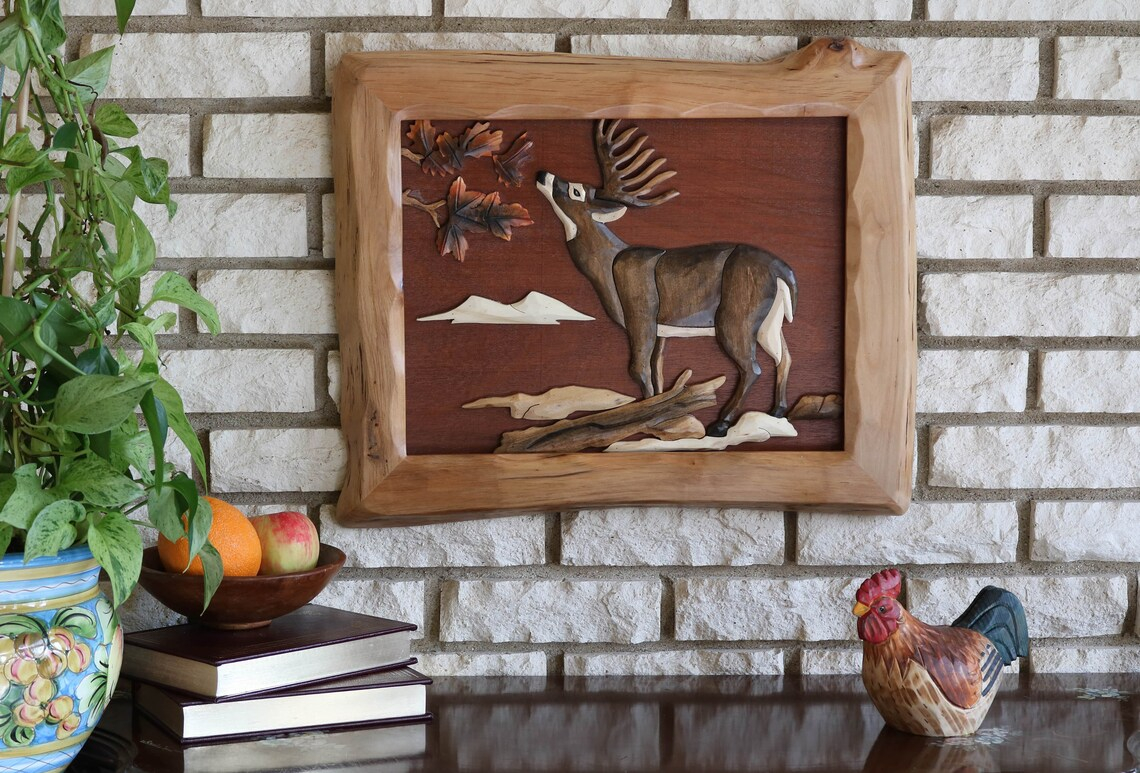 Deer Eating Leaves Intarsia Wood Wall Art Deer Eating Leaves - Etsy intended for Deer Hand Crafted Intarsia Wood Art Wall Hanging 28 X 24 X 2 Inches