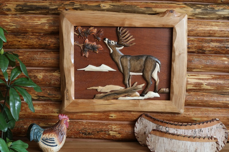Deer Eating Leaves Intarsia Wood Wall Art Deer Eating Leaves | Etsy within Exploring the Artistry Behind Handcrafted Deer Intarsia Wood Wall Art