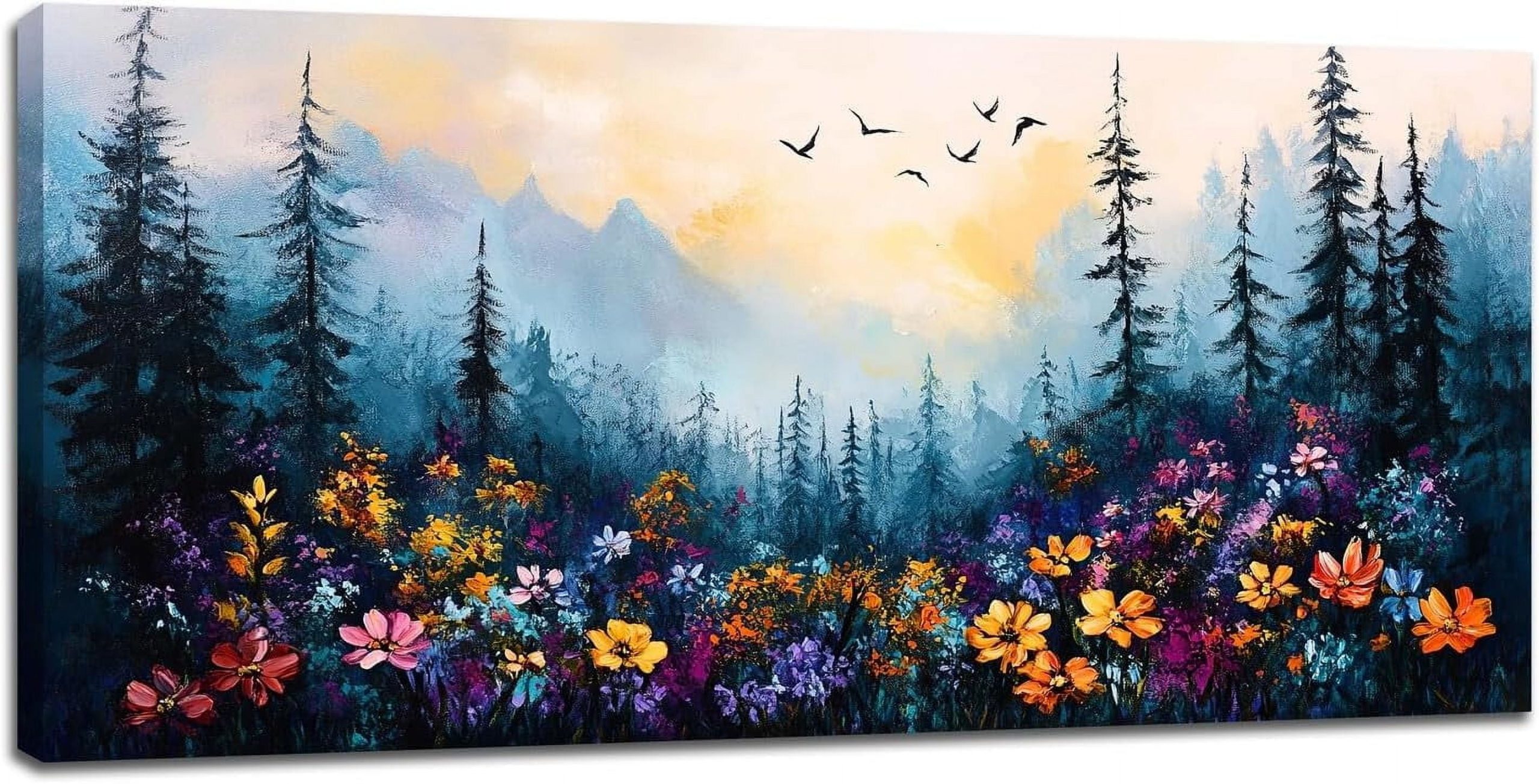 Aatoeax Forest Wall Art Colorful Wildflower Wall Decor Foggy Misty ... intended for "Red Fern In Foggy Fall Fay" Canvas Print